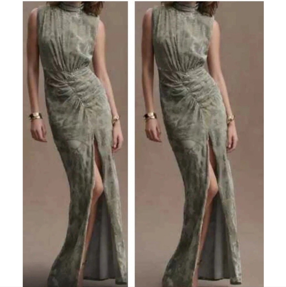 Ronny Kobo Billie Dress Green Metallic Floral High Neck Ruched Maxi Size 14